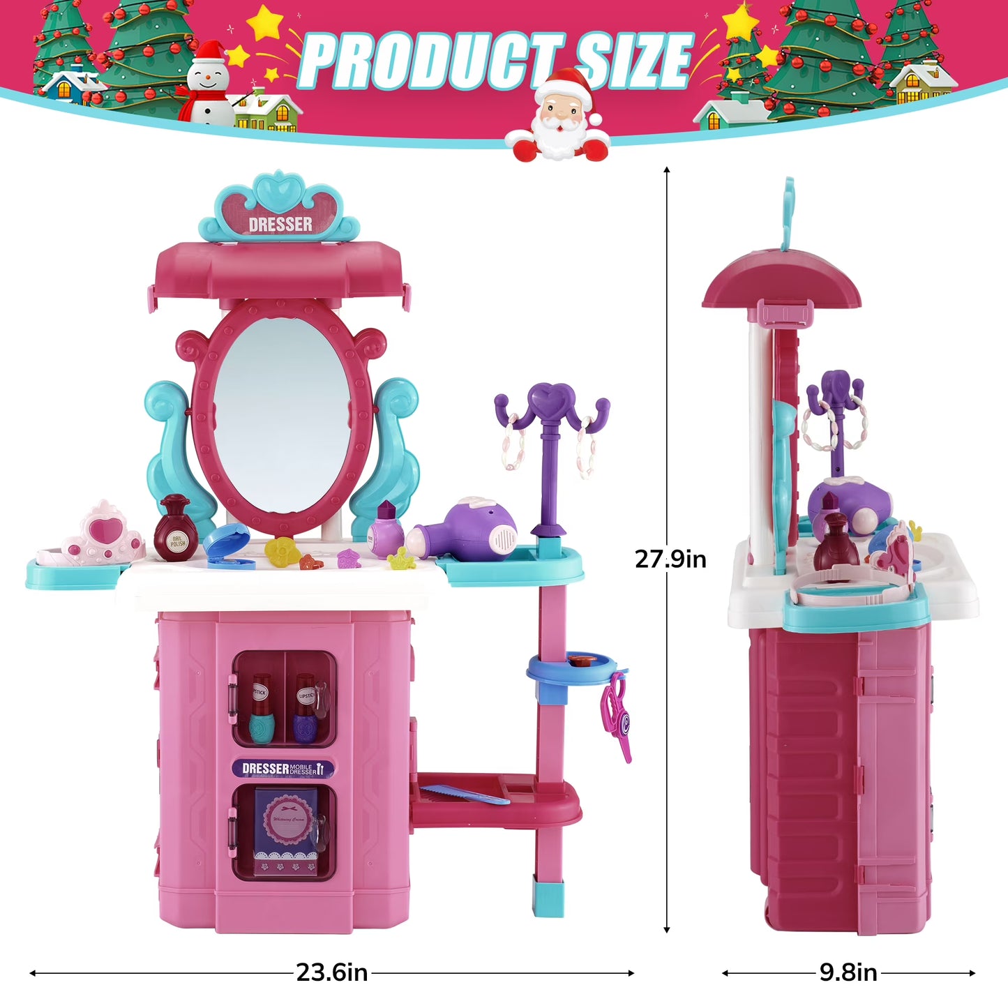 Vecukty 39Pcs Pretend Makeup Play Set, Kids Vanity with Mirror and Beauty Accessories, Princess Dresser Role Play Toy, Fashion Christmas Birthday Gift
