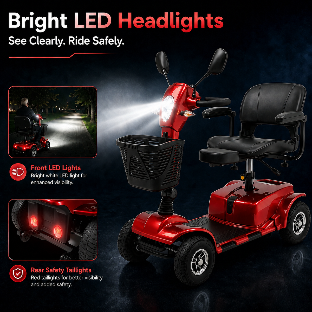 SACVON 4 Wheel Mobility Scooter for Seniors, 30 Miles Long Range Travel Powered Scooter with 330lbs Capacity, 400W Motor, 9" Anti-Explosion Tires, Extended Comfort Swivel Seat, Red