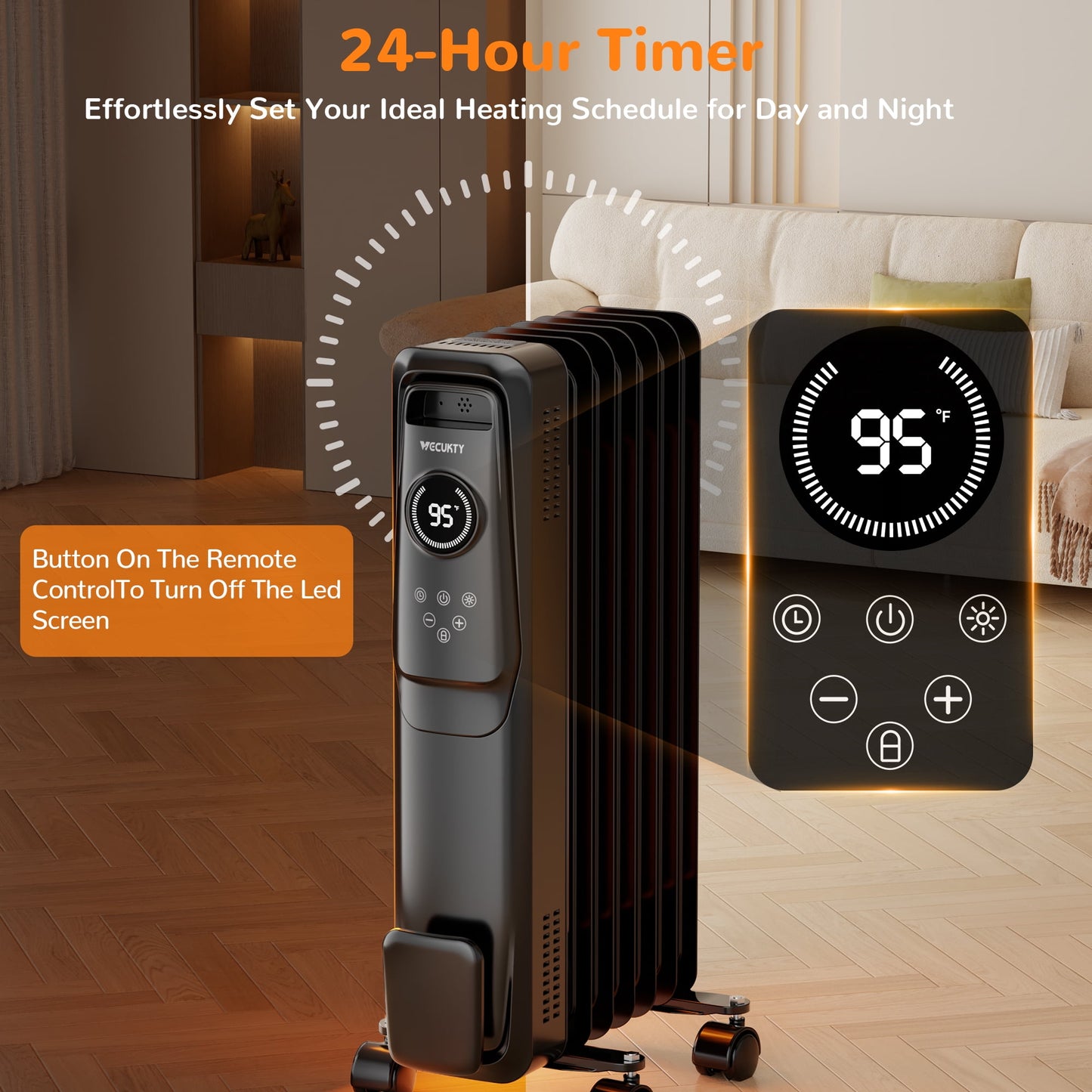 VECUKTY 1500W Oil Radiator Heater, Electric Oil Filled Space Heater Radiator with Remote Control,Child Lock,3 Modes,Overheat & Tip-Over Protection，24h Timer Digital Thermostat,Black