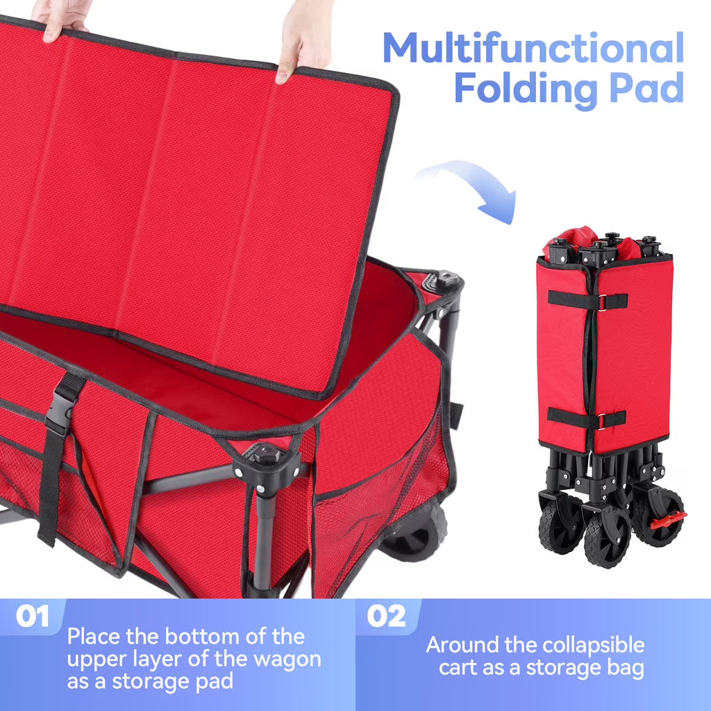 Gathered Collapsible Mini Camping Wagon, Vecukty Portable Foldable Cart, Heavy Duty Folding Utility Grocery Wagon with 150lbs, for Shopping,Sports,Fishing,Beach,Garden,Red