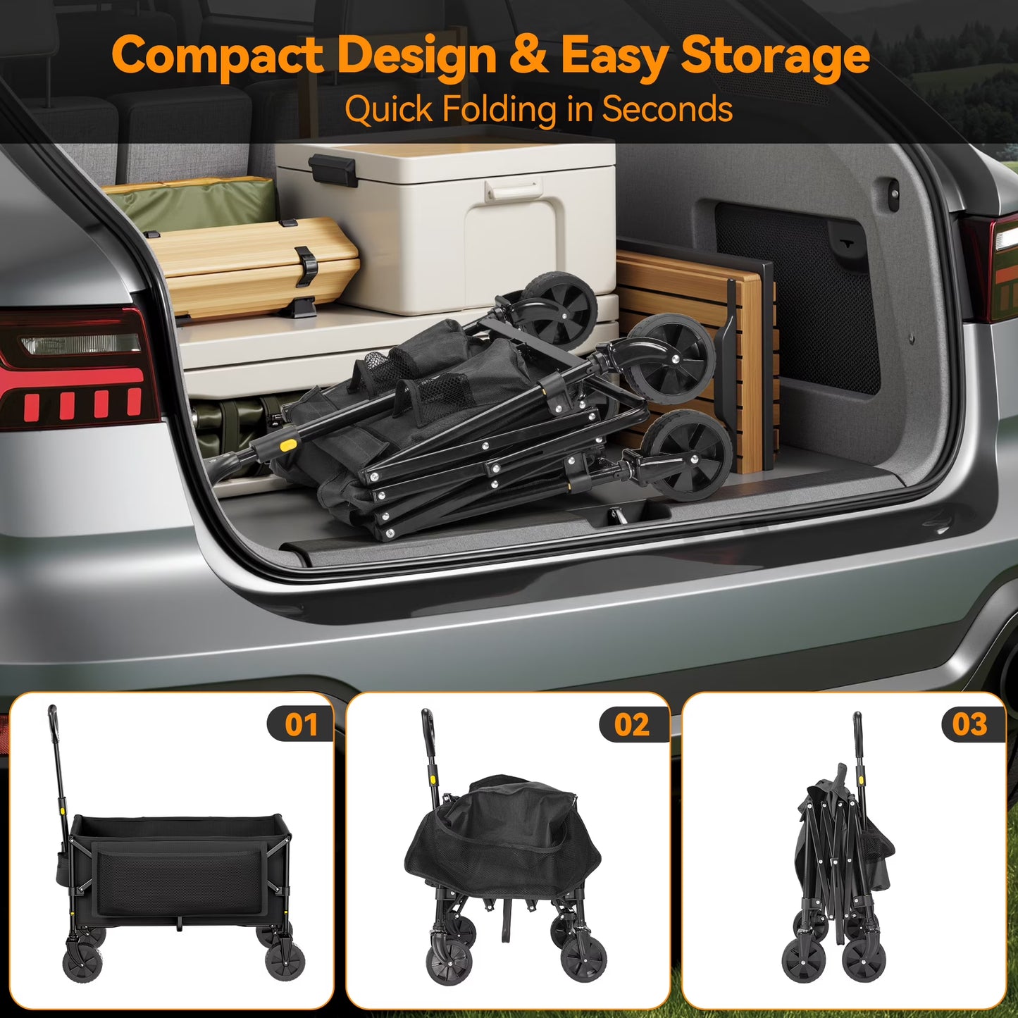 Vecukty Collapsible Folding Wagon,Portable Utility Wagon Cart for Outdoor Camping, Shopping, Sports, Grocery, Kids, Black