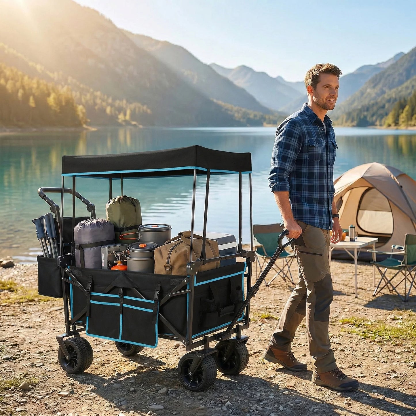 VECUKTY Collapsible Garden Wagon Cart with Removable Canopy Black