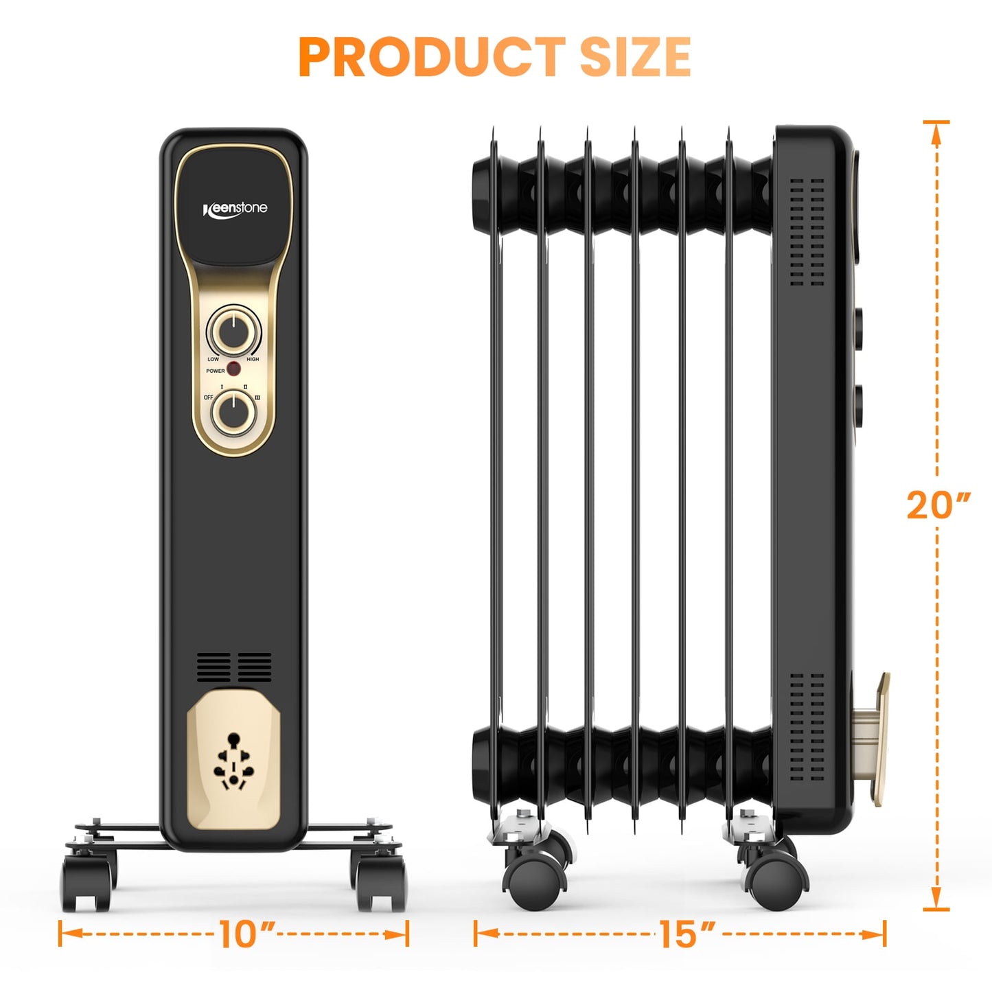 VECUKTY Oil Filled Radiator Heater, 1500W Portable Electric Space Heater, Adjustable Thermostat, 3 Heat Settings,Tip Overheat Protection Quiet Working, Black