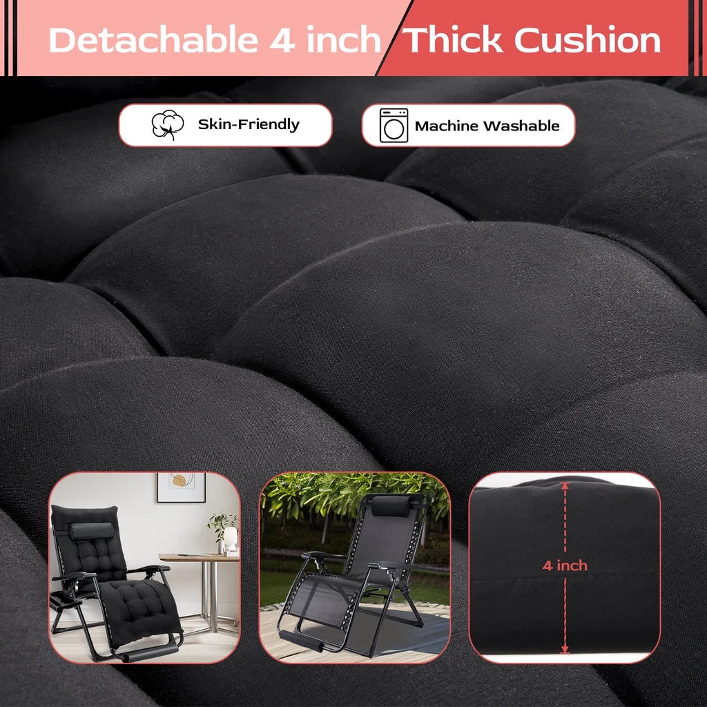 VECUKTY XXL Oversize Zero Gravity Chair - 500lb Capacity, 33-Inch Wide Padded Seat, Folding Travel Recliner for Outdoor / Indoor Use - Patio, Lawn, Black, Portable and Heavy Duty