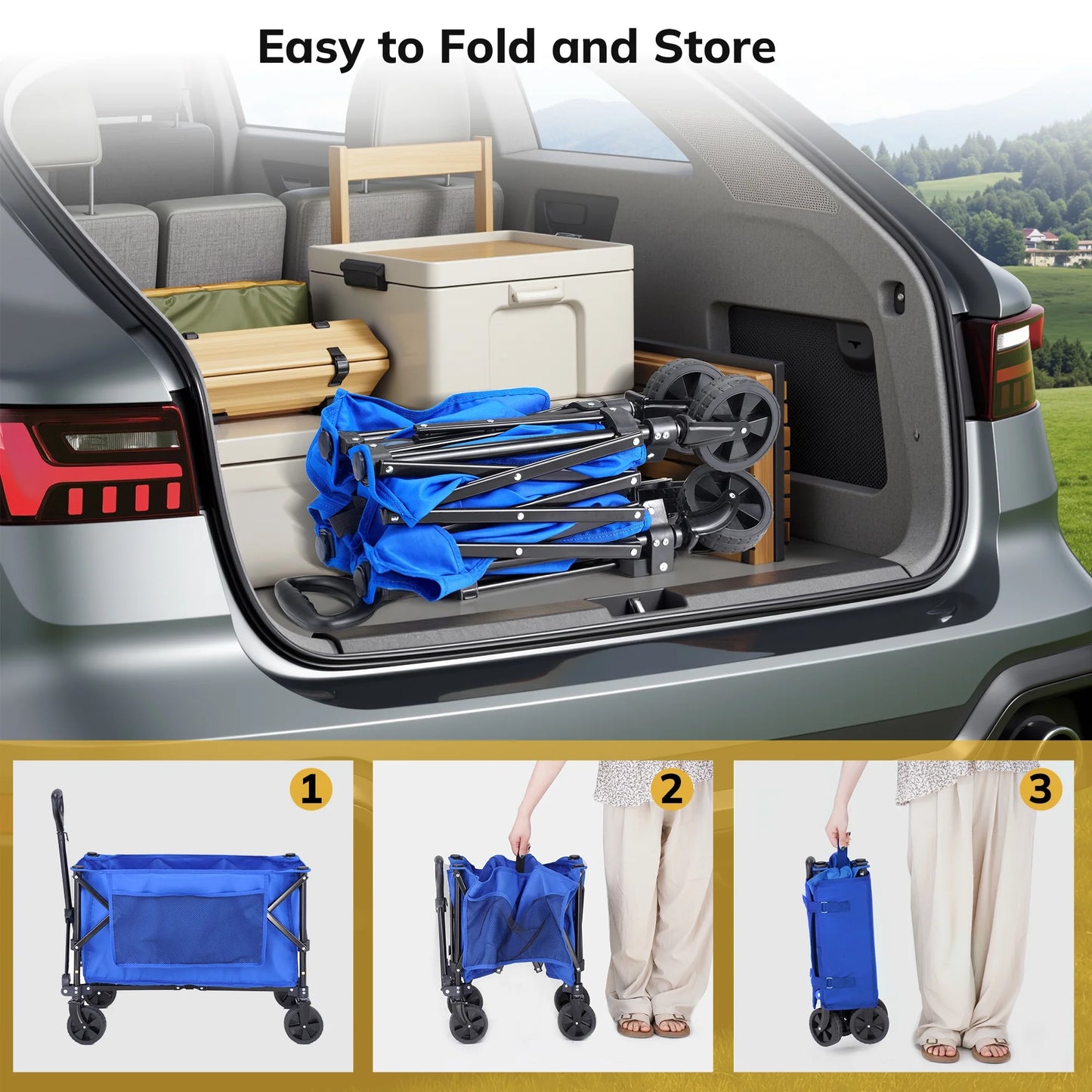 Vecukty Compact Wagon Cart, Gathered Collapsible Camping Cart,Portable Utility Grocery Wagon for Camping, Beach, Picnic, Shopping, Blue