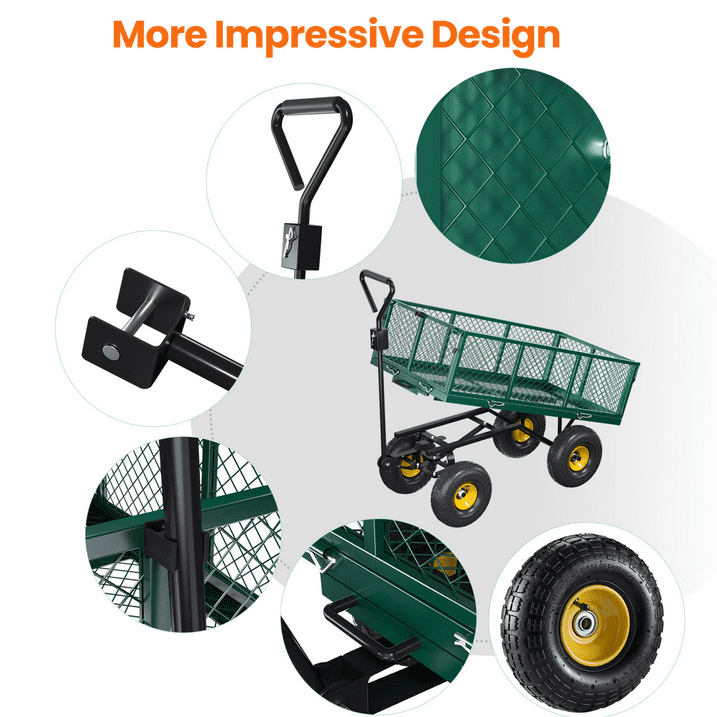VECUKTY Heavy Duty Steel Dump Garden Cart with Liner, 900lbs Capacity Folding Utility Metal Wagon 3 Cu ft 10" Wheel, Green
