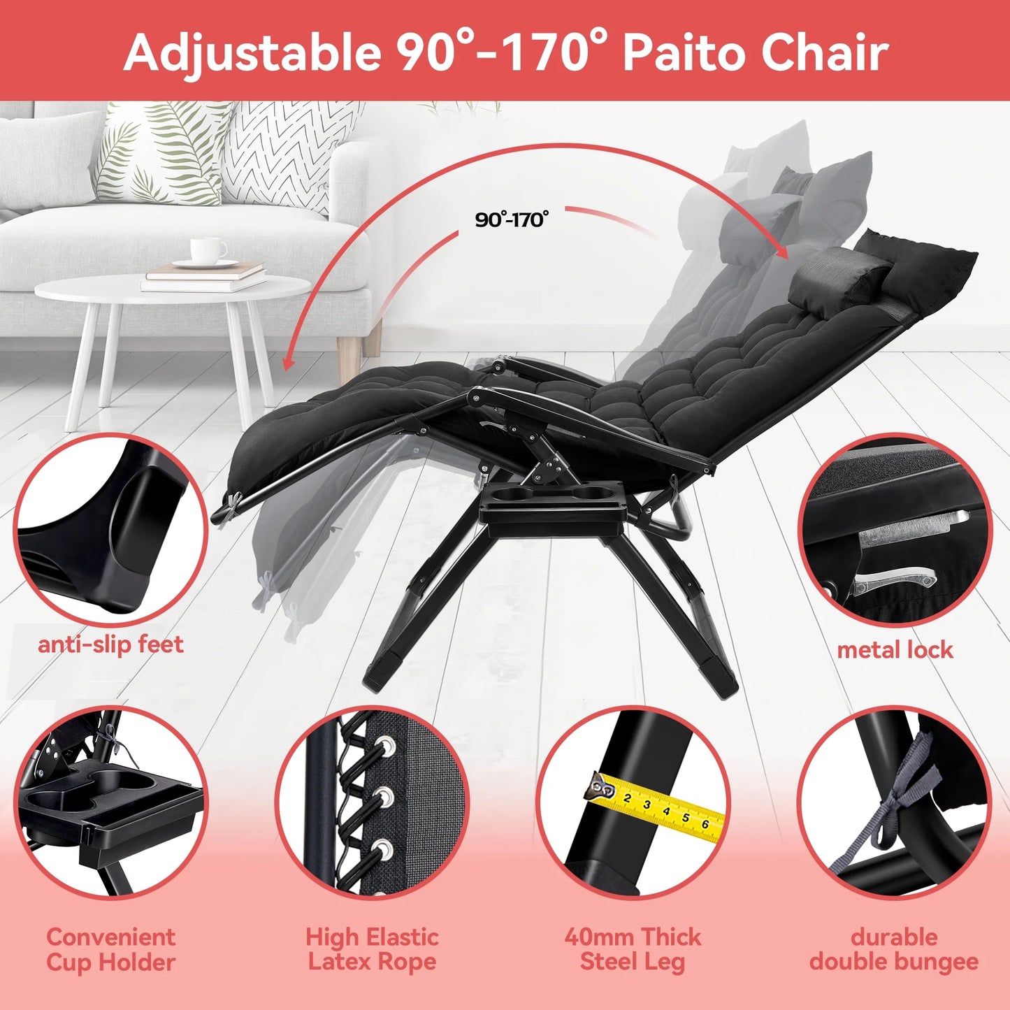 VECUKTY XXL Oversize Zero Gravity Chair - 500lb Capacity, 33-Inch Wide Padded Seat, Folding Travel Recliner for Outdoor / Indoor Use - Patio, Lawn, Black, Portable and Heavy Duty