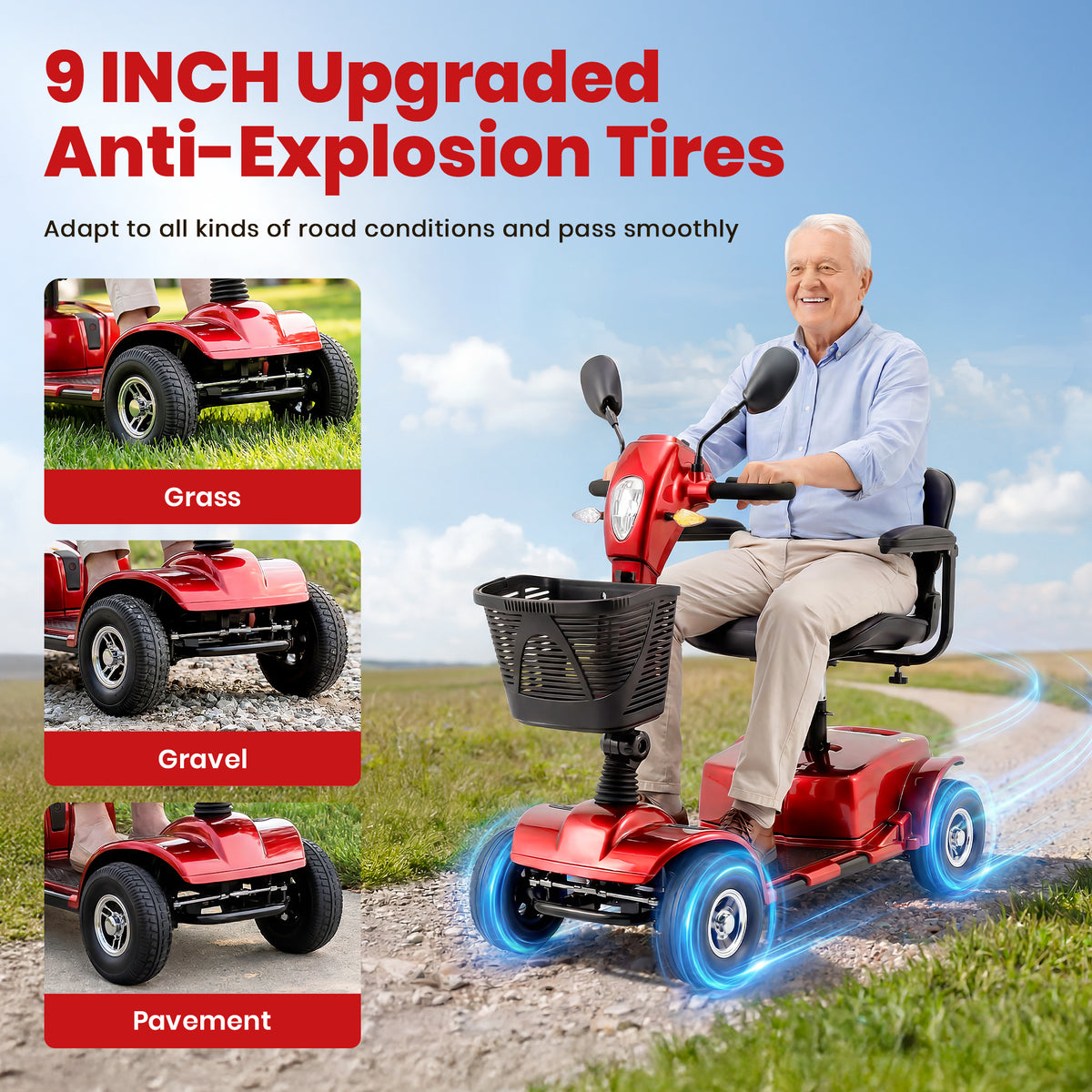 SACVON 4 Wheel Mobility Scooter for Seniors, 30 Miles Long Range Travel Powered Scooter with 330lbs Capacity, 400W Motor, 9" Anti-Explosion Tires, Extended Comfort Swivel Seat, Red