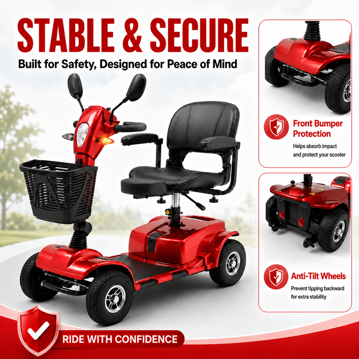 SACVON 4 Wheel Mobility Scooter for Seniors, 30 Miles Long Range Travel Powered Scooter with 330lbs Capacity, 400W Motor, 9" Anti-Explosion Tires, Extended Comfort Swivel Seat, Red