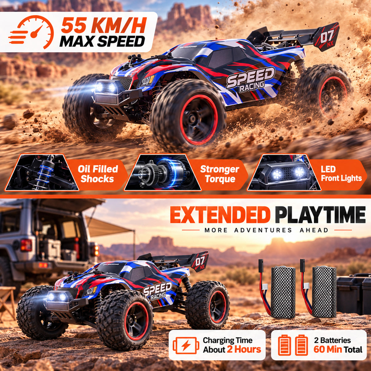 Vecukty 1:14 Scale 4WD RC Off-Road Truck, 40 KM/H High Speed Vehicle, Water Resistant, Dual 7.4V 1500mAh Batteries, 2.4GHz Remote Control with LED Lights
