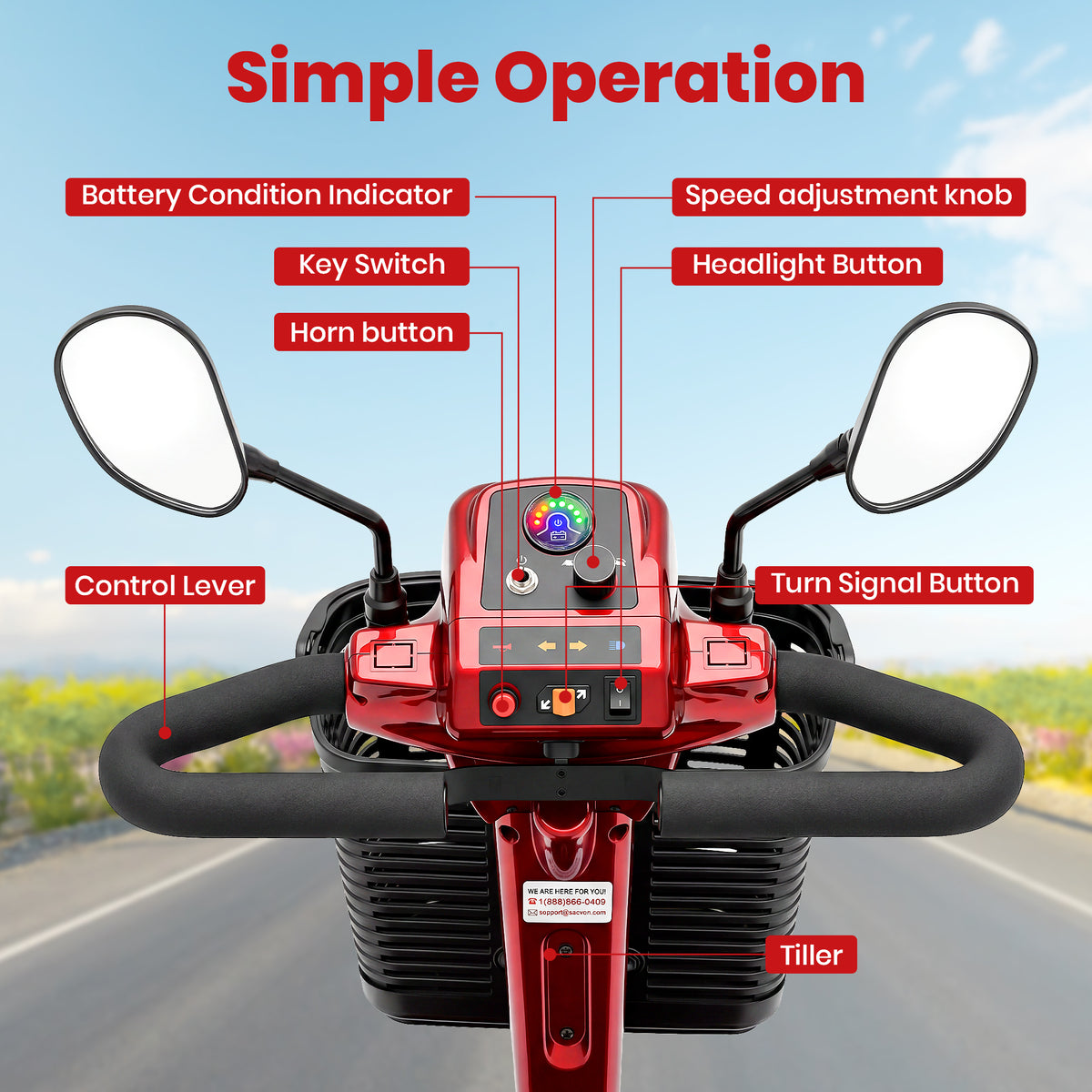 SACVON 4 Wheel Mobility Scooter for Seniors, 30 Miles Long Range Travel Powered Scooter with 330lbs Capacity, 400W Motor, 9" Anti-Explosion Tires, Extended Comfort Swivel Seat, Red