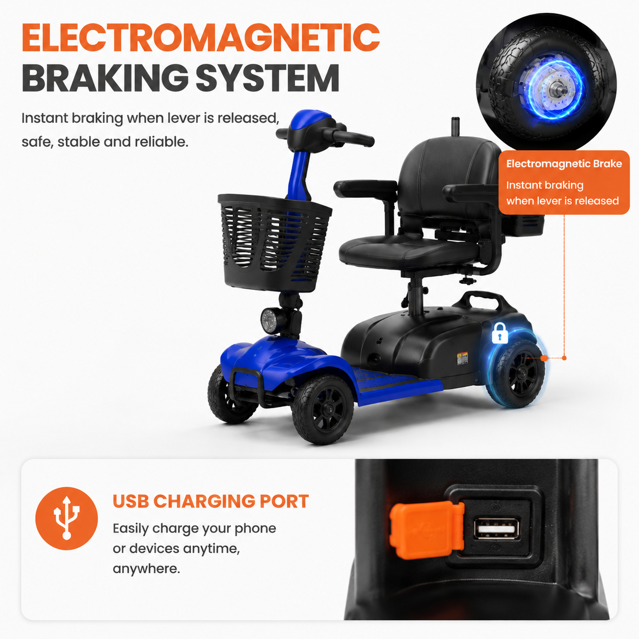SACVON 4 Wheel Mobility Scooter for Seniors, with 330 lbs Capacity, 250W Motor, Long Battery Life, Comfort Swivel Seat, Detachable Dual Baskets, USB Port & LED Light, Blue
