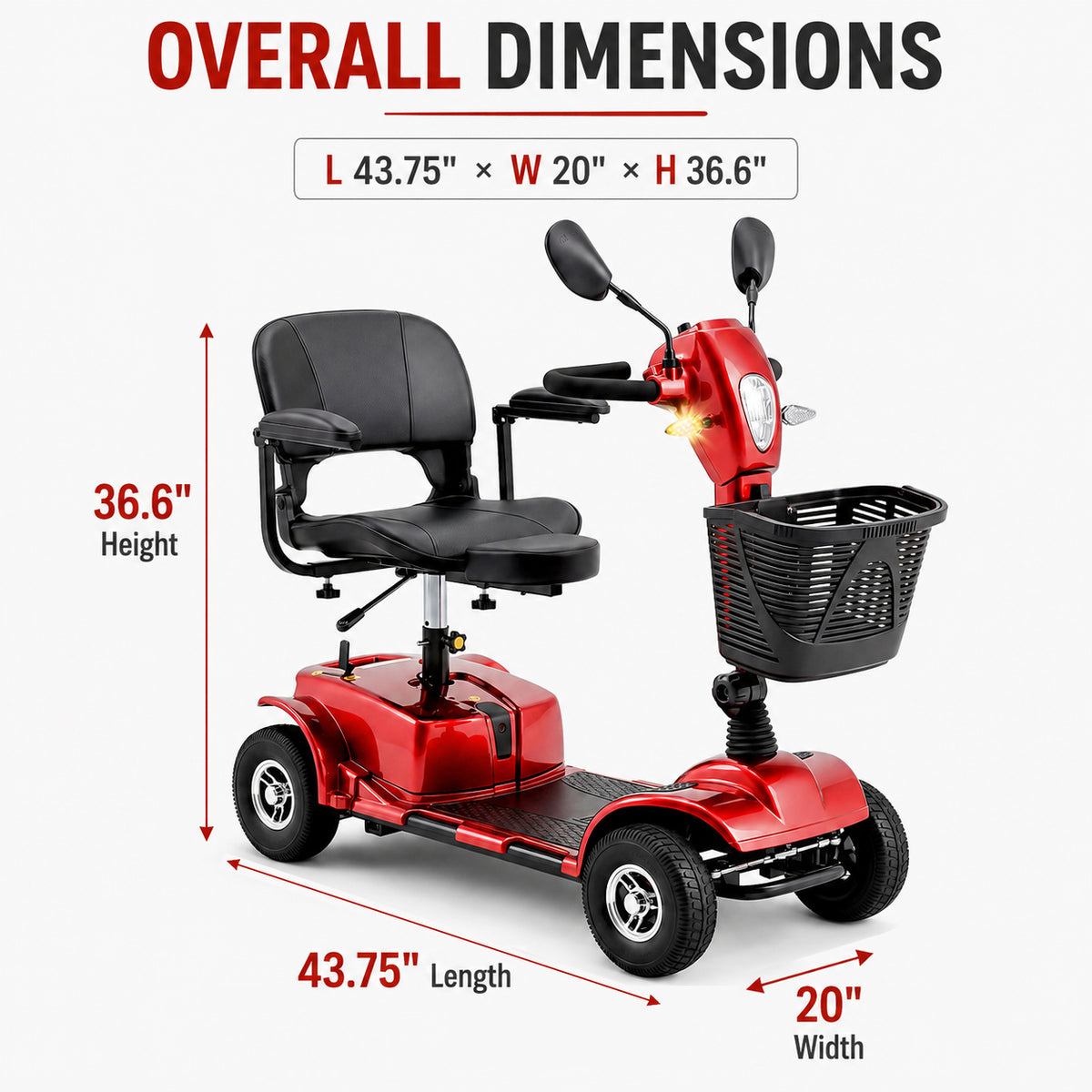 SACVON 4 Wheel Mobility Scooter for Seniors, 30 Miles Long Range Travel Powered Scooter with 330lbs Capacity, 400W Motor, 9" Anti-Explosion Tires, Extended Comfort Swivel Seat, Red