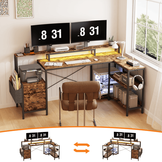 71.5 inch Computer Desk with Power Outlets, L Shaped LED Home Office Desk with Long Monitor Stand, Large Corner Desk with Storage Shelf, Cup Holder & Headset Hooks, Modern Simple Table