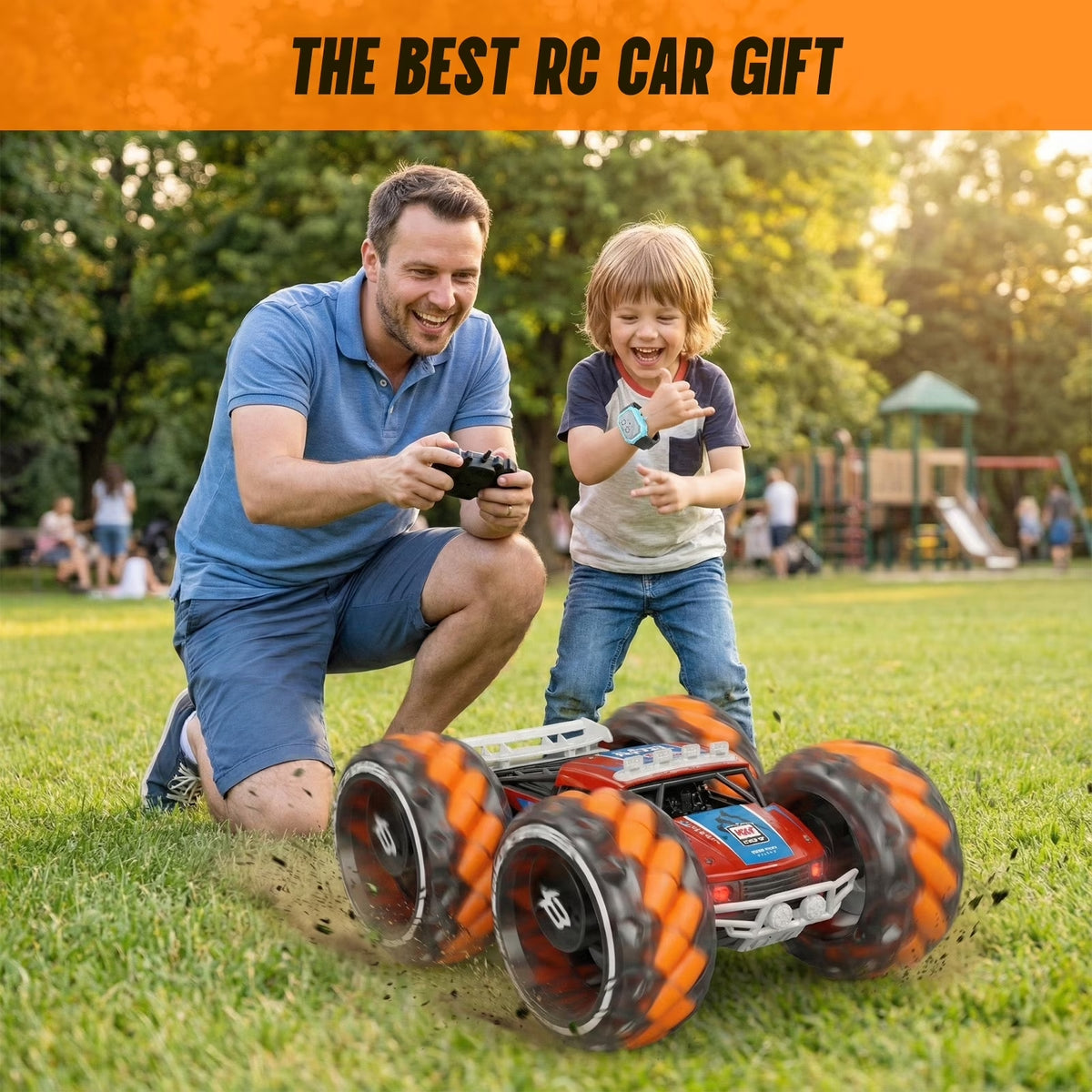 Vecukty 08 Red and Orange RC Stunt Car, 4-Wheel Remote Control Off-Road Toy Car with Lights, Music and 360 Rotation