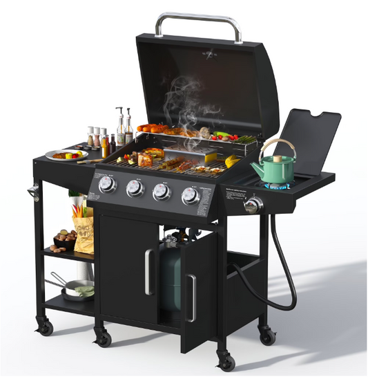 4 Burner Propane Gas Grill with 3 Tier Shelf, 50000 BTU Outdoor Cooking Stainless Steel BBQ Grills Cabinet,Can be Placed Smoke Box，Black