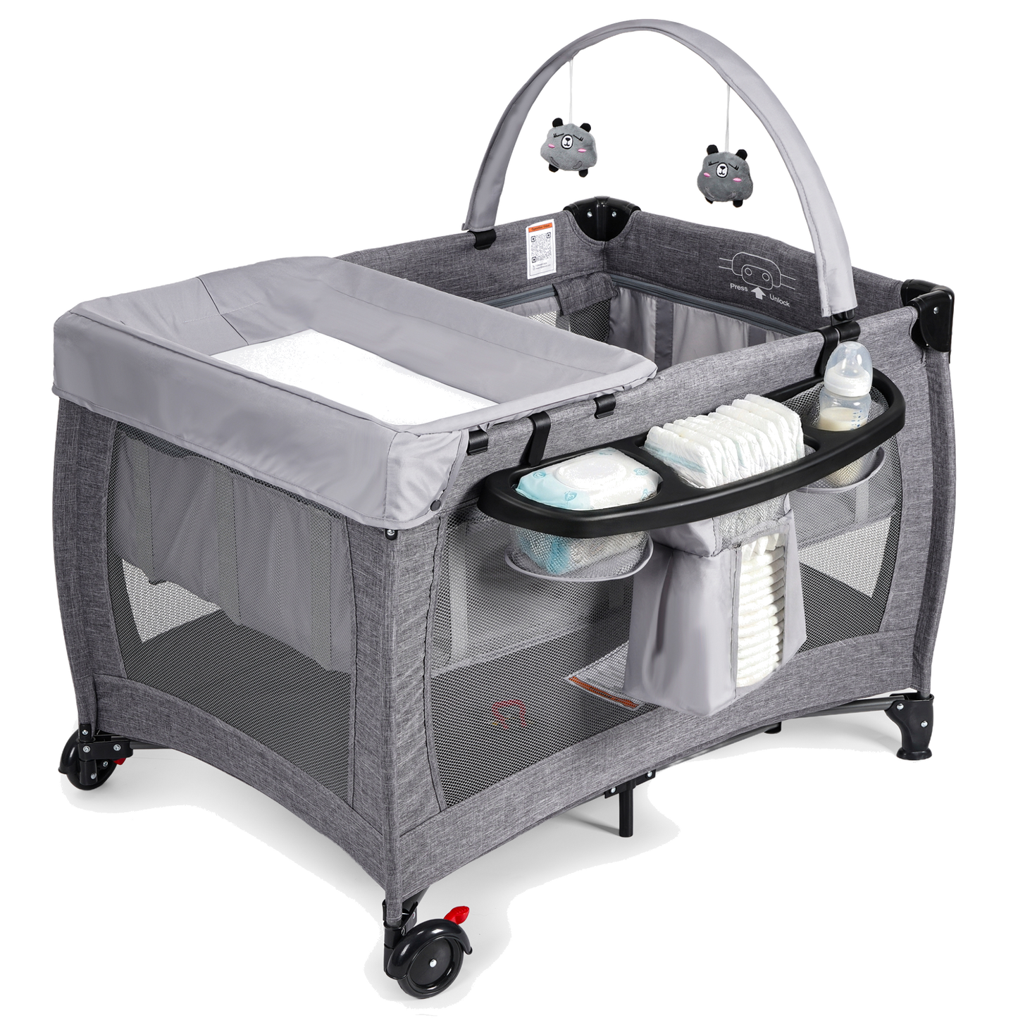 SACVON Portable Baby Playard with Bassinet & Changing Station | Bedside Crib | Removable Storage Organizer | Gray